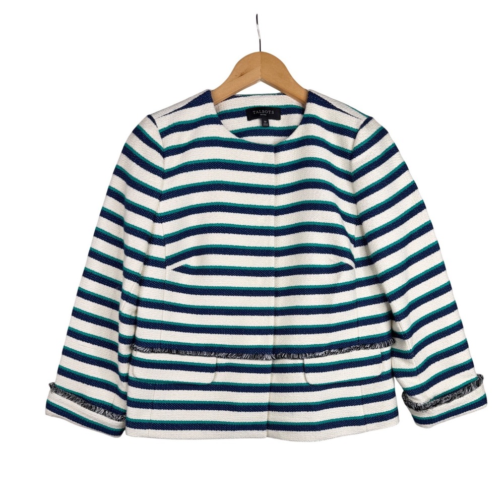 Talbots Striped Tweed Fringe‎ Jacket size 8 Petite White/Blue/Green